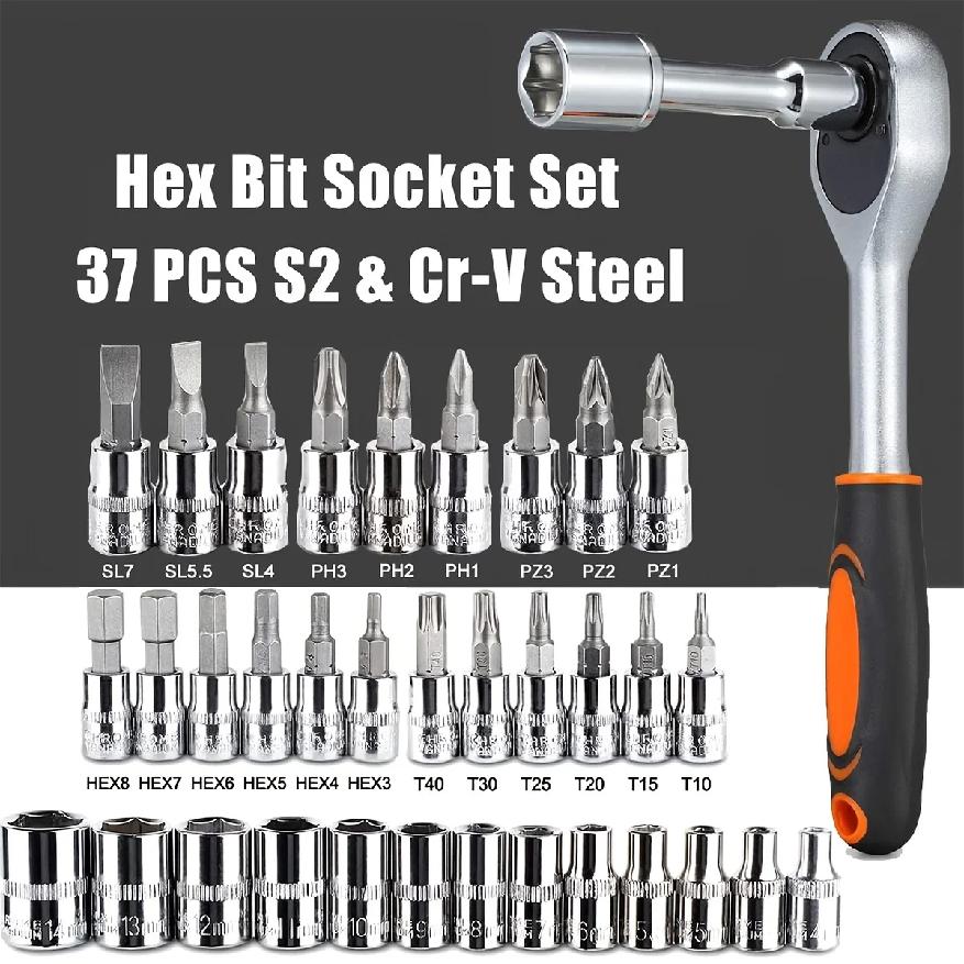 46Pcs Family Tools 1/4 Set Mechanic Tool Kits for Auto Repair Hous with Sockets Metric Hex Bit Socket Set Inch Ratchet Wrench