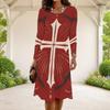 Women Plus Size Round Neck Long Sleeve Red Blue Star Swirl Printed A Line Dress