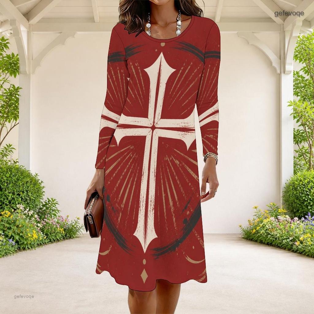 Women Plus Size Round Neck Long Sleeve Red Blue Star Swirl Printed A Line Dress