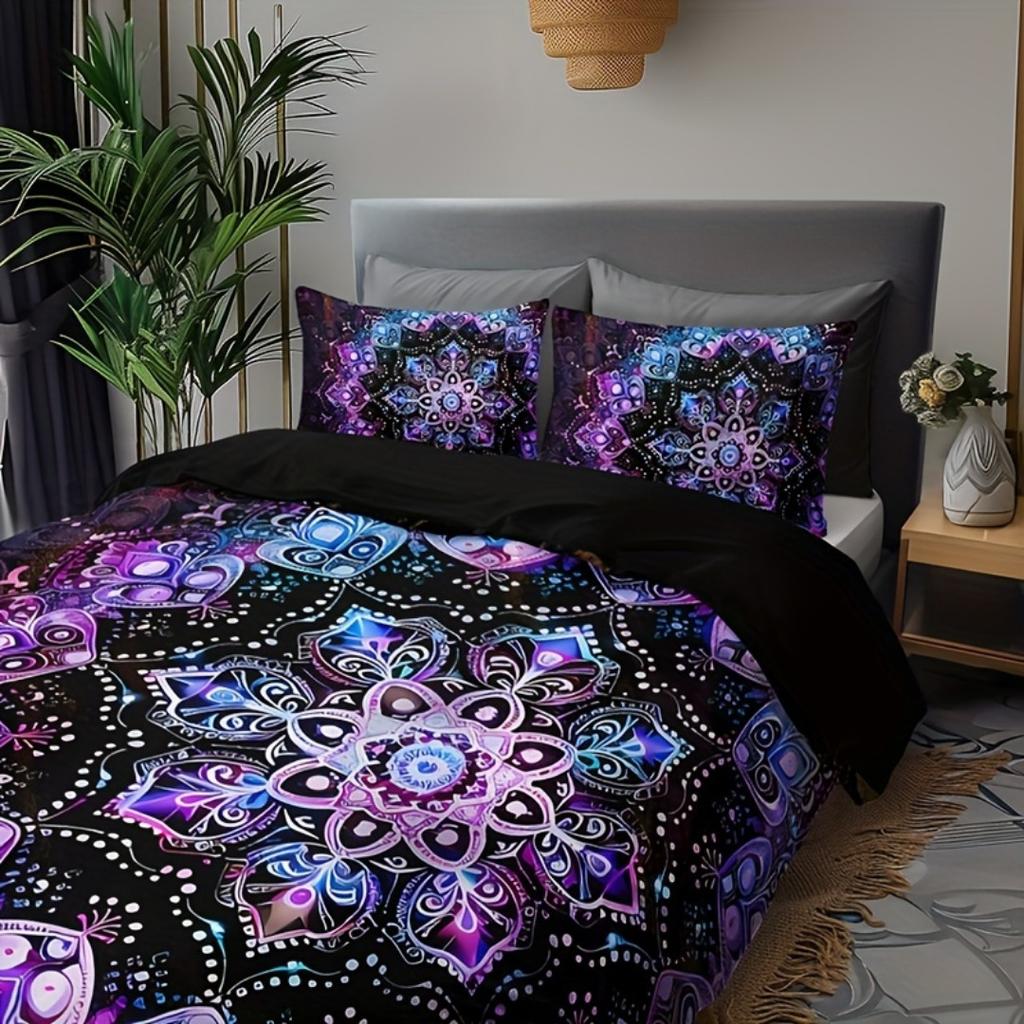 3pcs Purple Bohemian Circle 3D Printed Bedding Set Cozy Soft Duvet Cover King Queen Twin Size Birthday Gift Bedroom Decoration