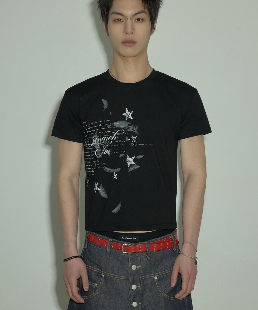 LANARCHIVE [0096] Star Feather Graphic Slim T-Shirt - Black