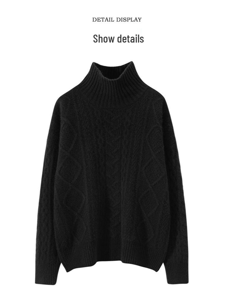 Heavyweight High-Neck Cashmere Sweater: Women's Retro Autumn/Winter Loose Cable Knit Base Layer