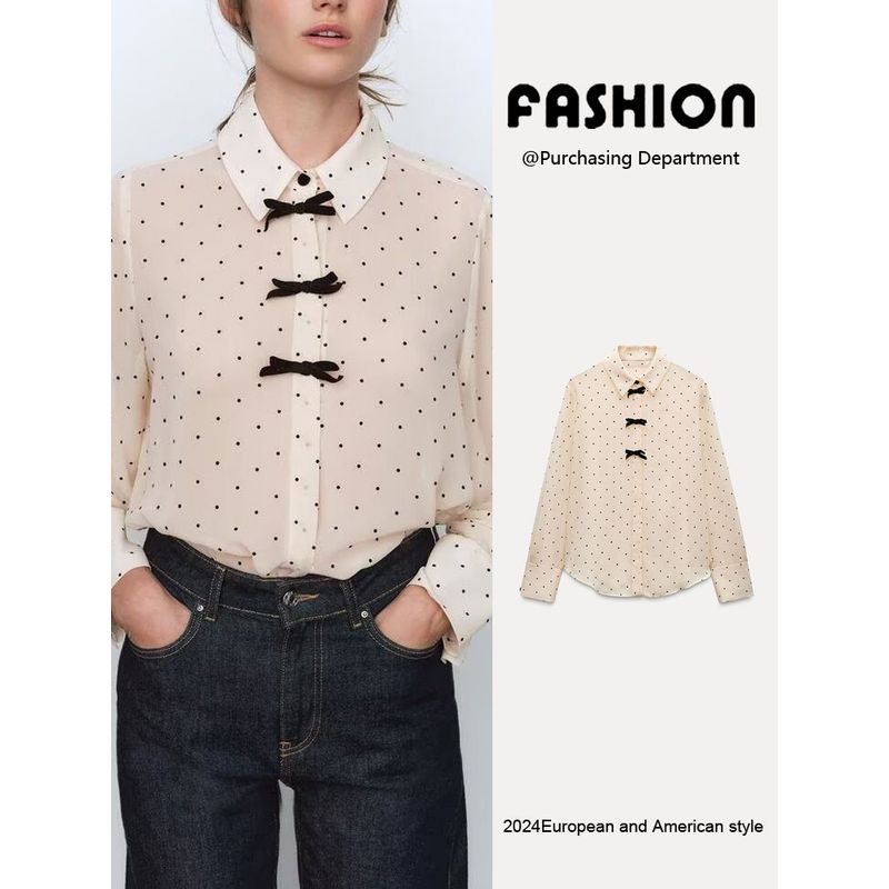 Za2025 Spring New Women's Clothing Dot Bowknot Decoration Temperament Long Sleeve Lapel Casual Shirt 2136623
