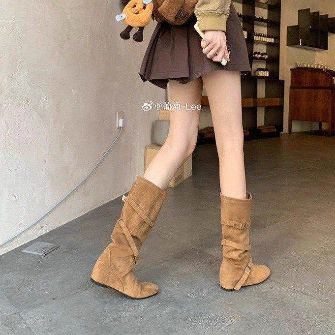 Cowhide version~ retro suede lazy western cowboy boots women's pleated stacking boots big tube circumference thin medium tube boots