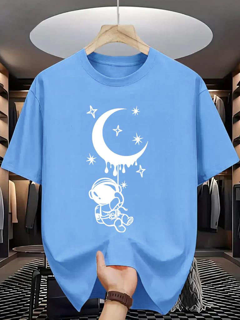 Unisex Crew Neck Tee Astronaut Moon Star Cartoon Graphic Print Soft Cotton Loose Short Sleeve Summer Casual Male Streetwear Tops