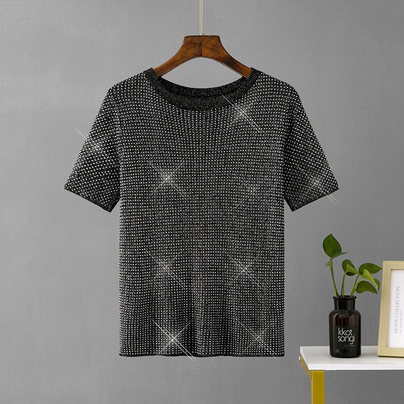 Summer Womens Fashion Basic Knitted T-shirts Female Solid Diamond Round Neck Bottoming Short Sleeve Loose Pullover Tops Solid T-shirts