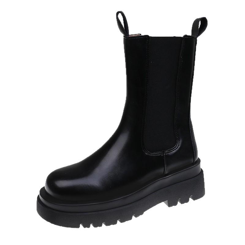 Black thick-soled 2025 spring and autumn new versatile British style high boots Chelsea cigarette short boots