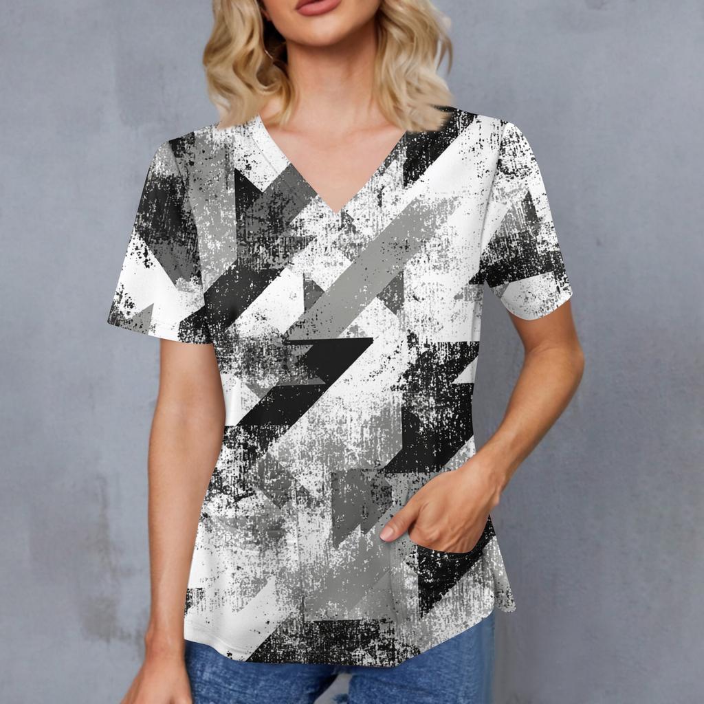 Women's Retro Printed V-Neck Double Pocket Short Sleeves Hem Slit  Uniform Caregiver Top