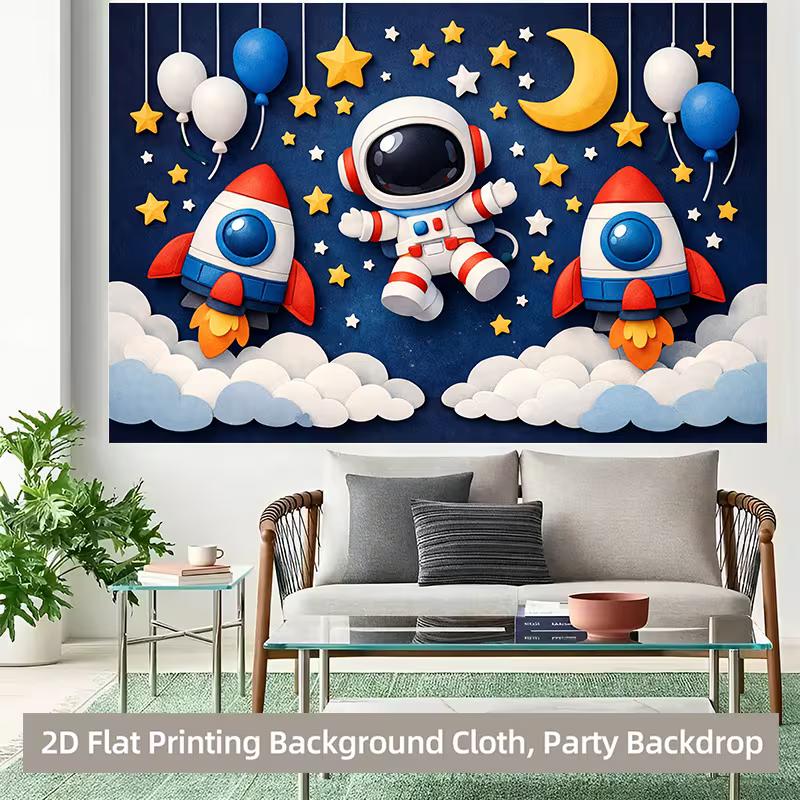 2D Cartoon Astronaut & Rocket Party Backdrop Kids Birthday Decor Supplies