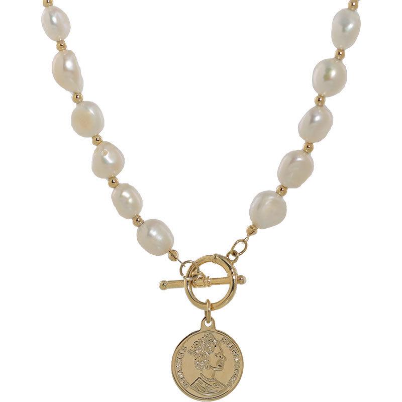 Baroque Freshwater Pearl Coin Choker with Gold Pendant - Women's OT Clasp Necklace Gift