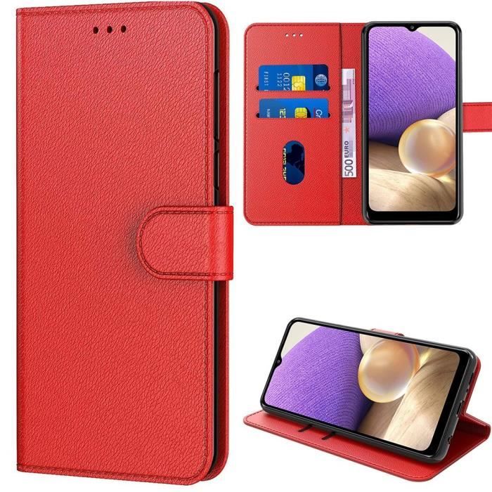Coque - BOOLING - pour Samsung A32 4G - Rouge - Effet Cuir - Protection 360° - Rangement Carte