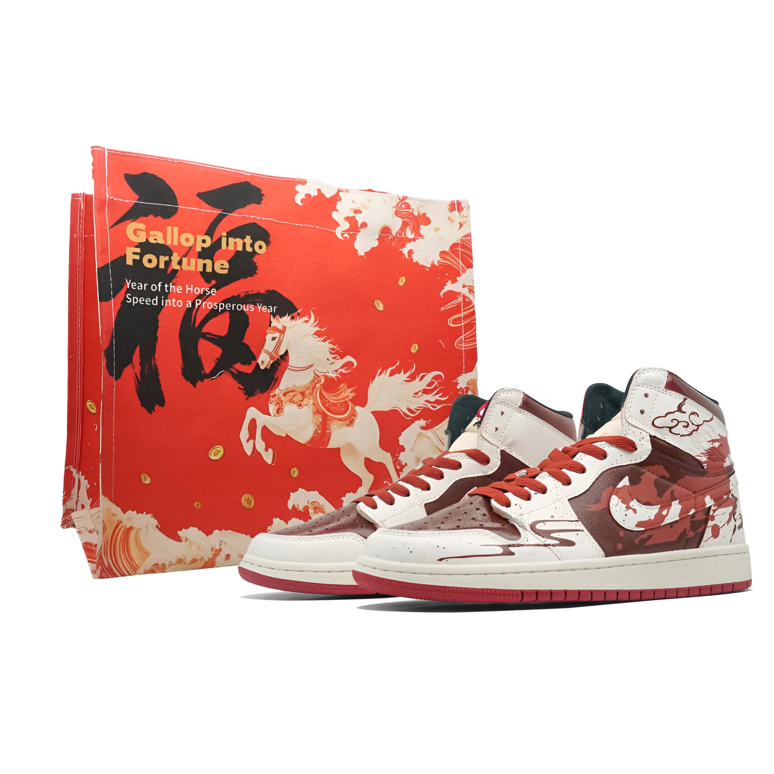 

Jordan Air Jordan 1 Fiery Lucky Horse Abrasion Resistant Mid top Vintage Basketball Shoes Unisex Beige Red DQ8426-105(Team1321-SBOX) 42.5