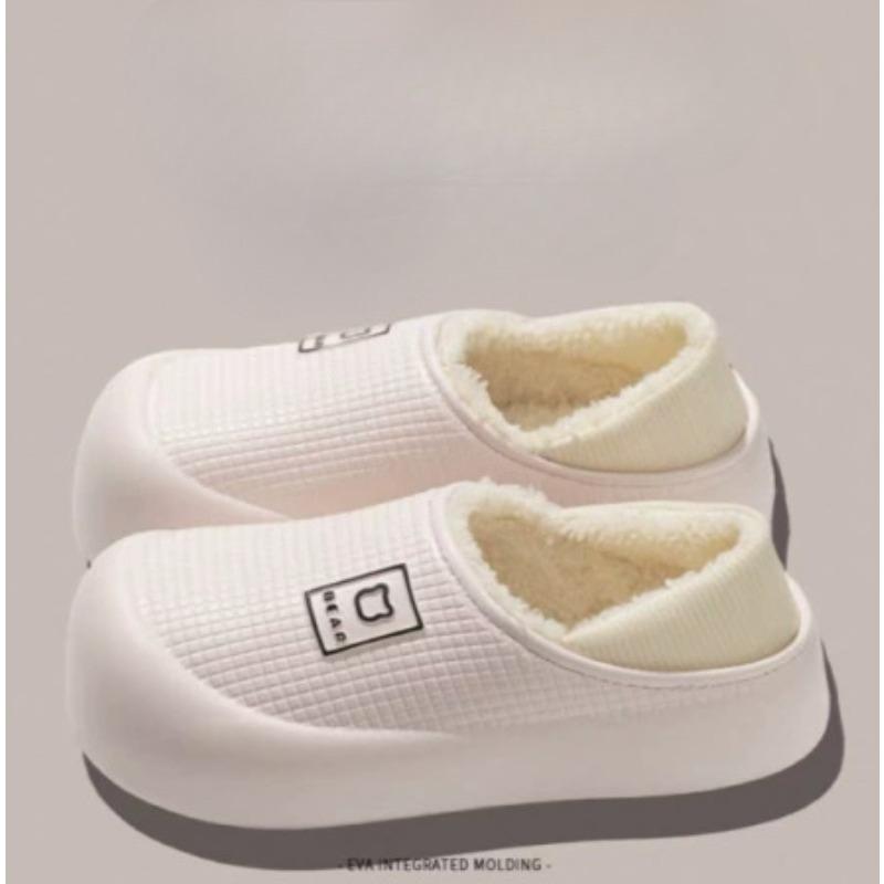 Winter Cute Solid Color Women's Home Cotton Shoes Bear Print Warm Casual Non-Slip Full Cotton Shoes Suitable for Home and Outdoor Use