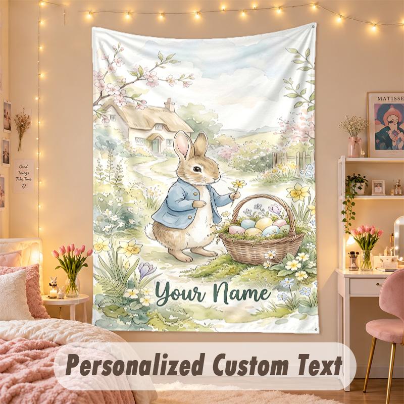Custom Personalized Tapestry,Peter Rabbit Print Custom Name Text Wall Art Hanging for Bedroom