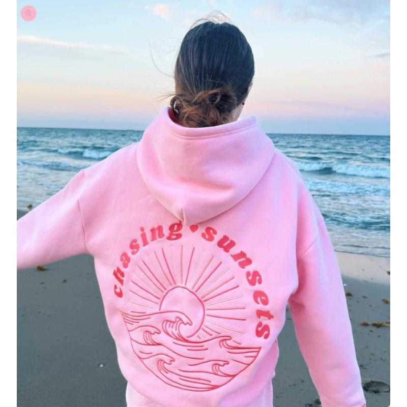 European Size 2024 Women s Drop Shoulder Sunset-Hibiscus Embroidery Hoodie L