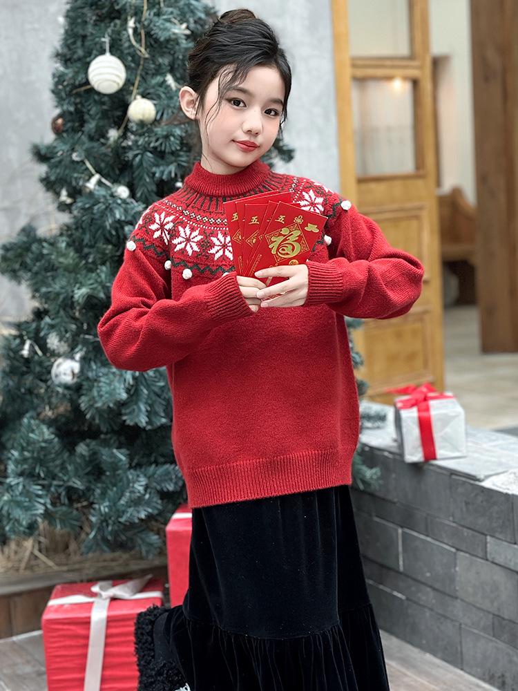 Girls' Retro Jacquard Knit Sweater - Round Neck, Long Sleeves, Autumn/Winter 2025 Collection