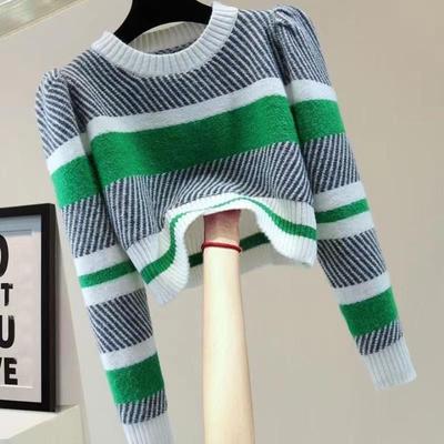 Autumn/Winter Women's Striped Sweater Round Neck Loose Color-block Pullover Sweater Short Sleeve Knitted Tops