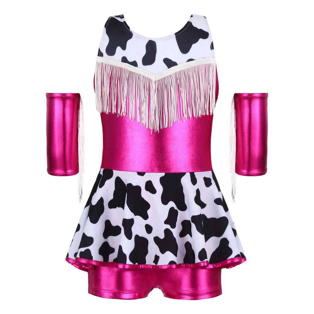 Girls Cowgirl Costume for Cosplay Party Metallic Gloss Cross Back Straps Fringed Dress with Built-in Shorts