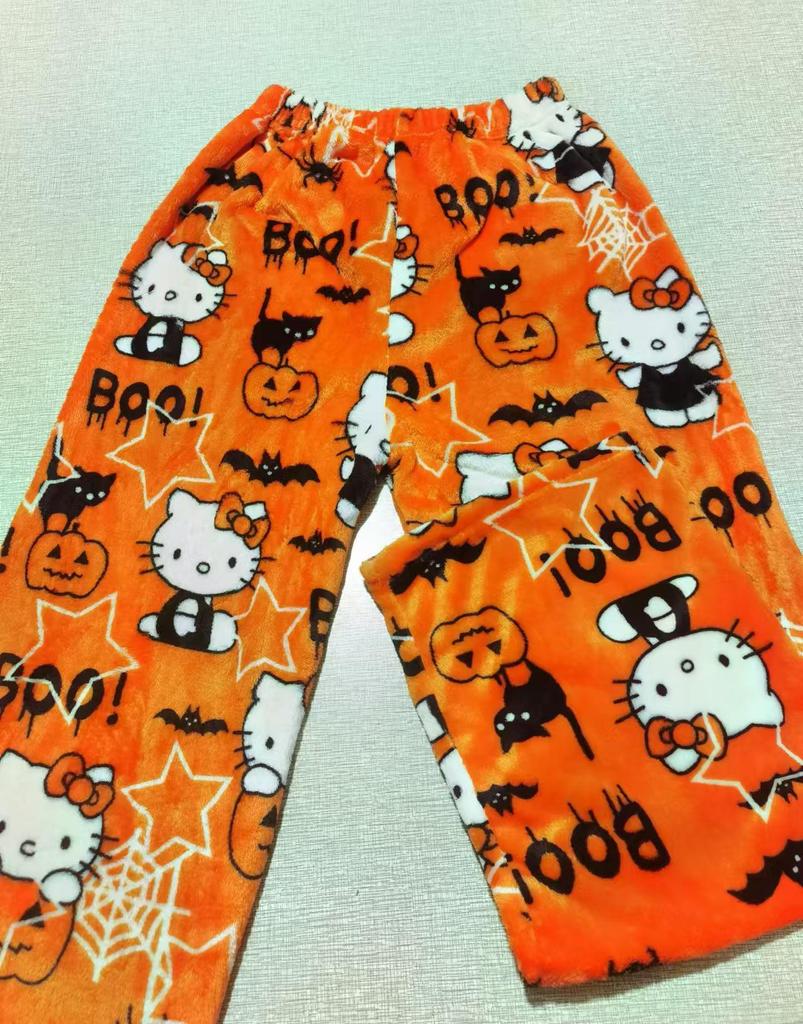 Cartoon KT Cat Christmas Flannel Pajama Pants for Women - Cozy Autumn/Winter Kitty Fleece Sleepwear