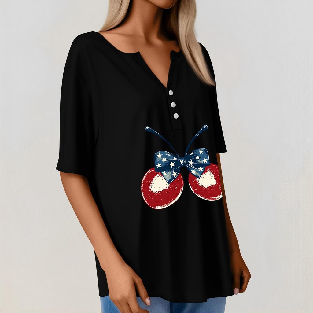 Women's T Shirt Tee Independence Day Print Button Short Sleeve Daily Weekend Fashion Basic V-Neck Regular Top