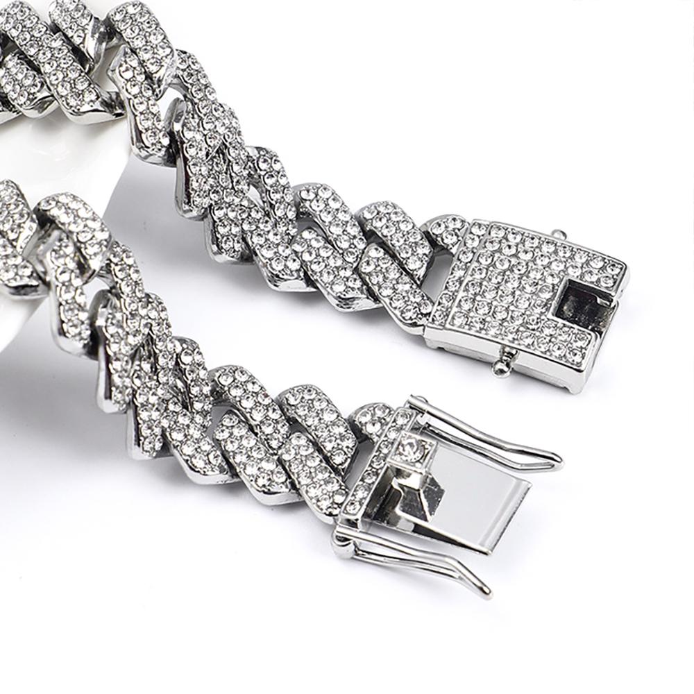 New Hip Hop Shiny Cuban Link Chain Necklace Women Men Silver Color Rhinestone Iced Out Cuban Chain Punk Jewelry Necklace Gift