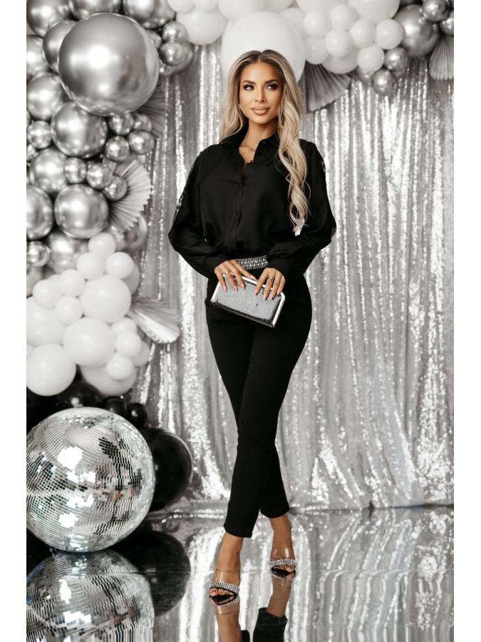 2025 Spring Women's Long-Sleeve Lace Patchwork Blouse with Turn-Down Collar