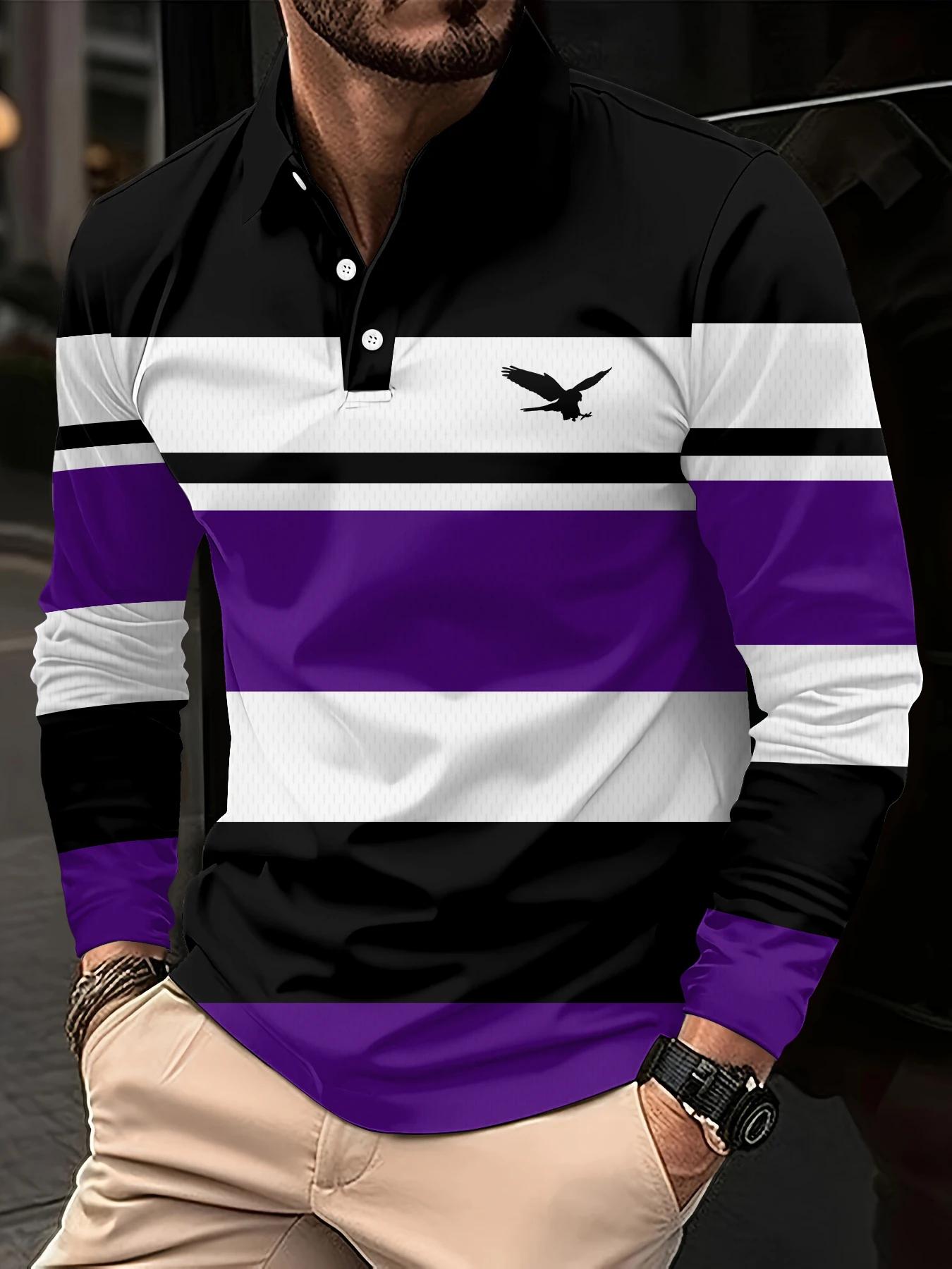 

Мужская полоска с длинным рукавом на всю зиму, дышащий повседневный топ, приталенный, быстросохнущий воротник, классическая рубашка поло 3XL фиолетовый