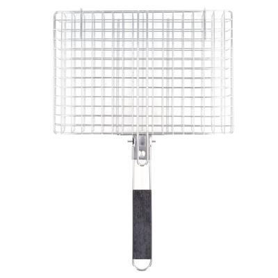 BBQ Grilling Basket Stainless Steel Folding Reusable Heat Resistant Wooden Handle Barbecue Rack for