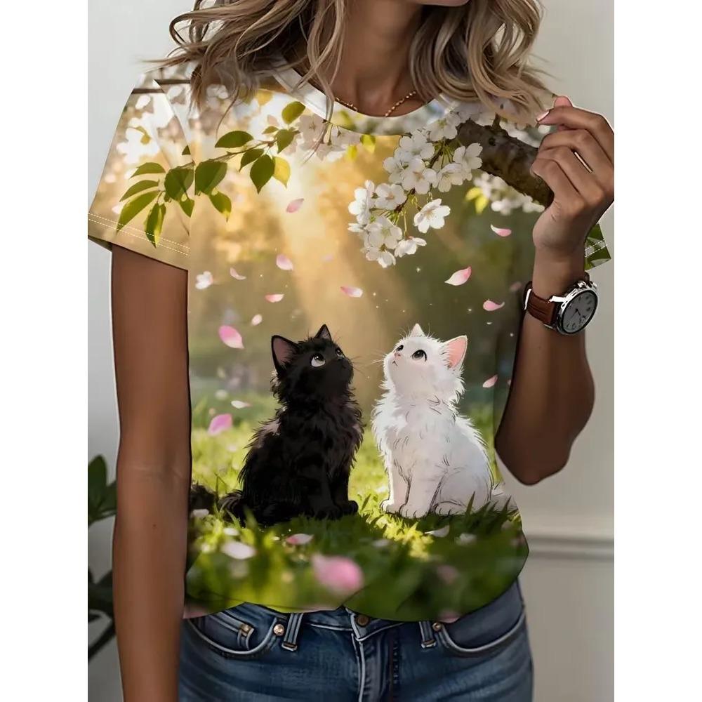 Sommer Damen 3D-Druck Rundhals T-Shirt Mode Vielseitig Atmungsaktiv Trend Lässig