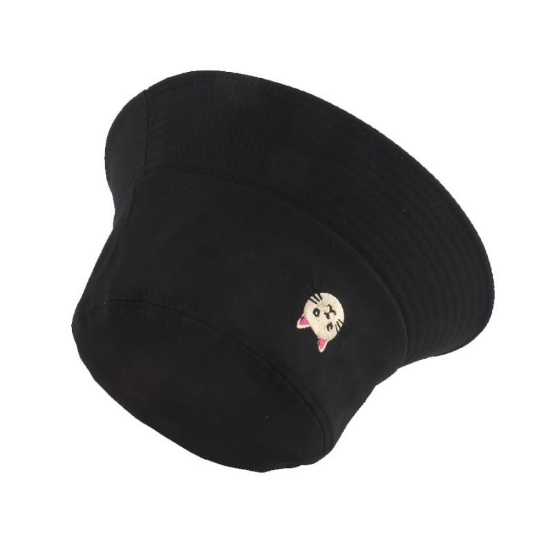 Unisex Cotton Blend Fisherman Hat With Cat Embroidery Wide Brim Outdoor Cap Winter