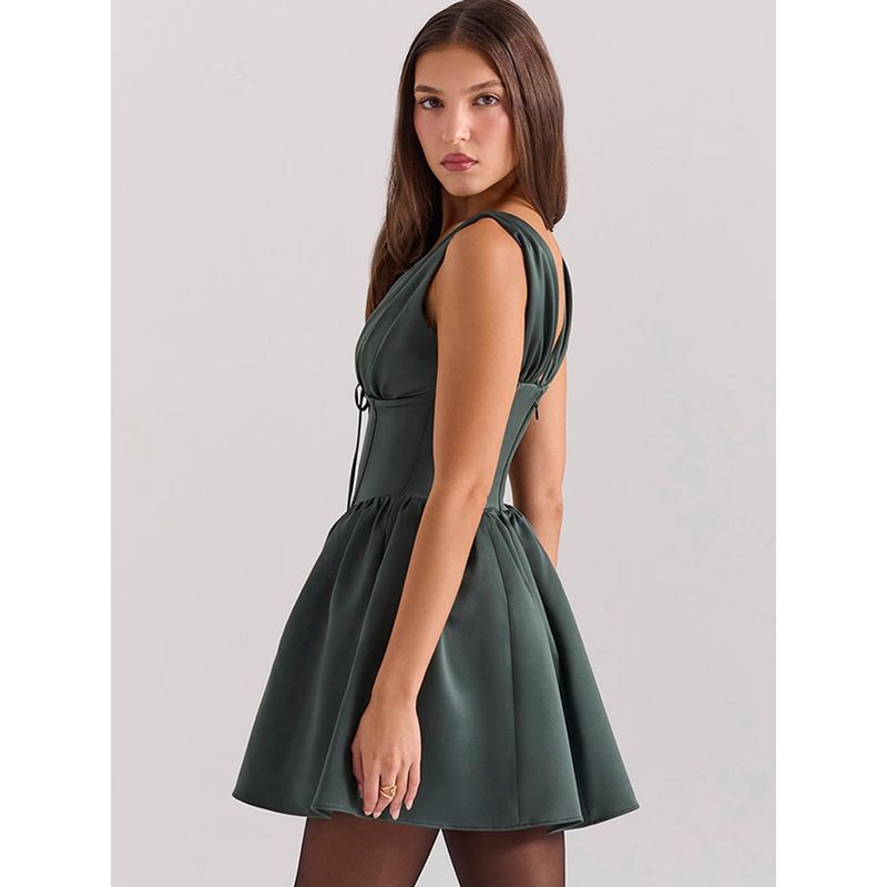 Pure Desire to Invade House with the Same Advanced Gloss Solid V-neck Bow Vest Princess Puffy Dress