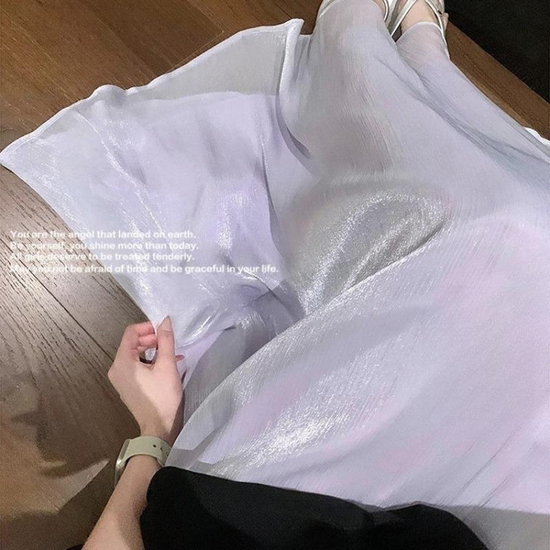 Island silk big skirt, wavy skirt women's summer new drape long dress, elegant purple skirt