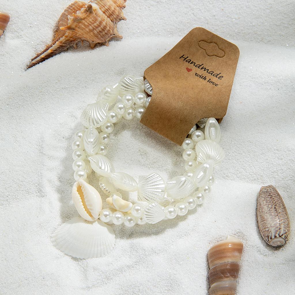 4-teiliges Bohemian-Stil Mehrstrang-Armband mit Muschel- und Perlenimitat, geeignet für den täglichen Gebrauch, Urlaubsgeschenke, Sommer