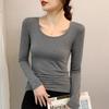 Women's Black Modal Crew Neck Long Sleeve Base Layer Top - Slim Fit, Low Neck Design for 2025 Autumn/Winter
