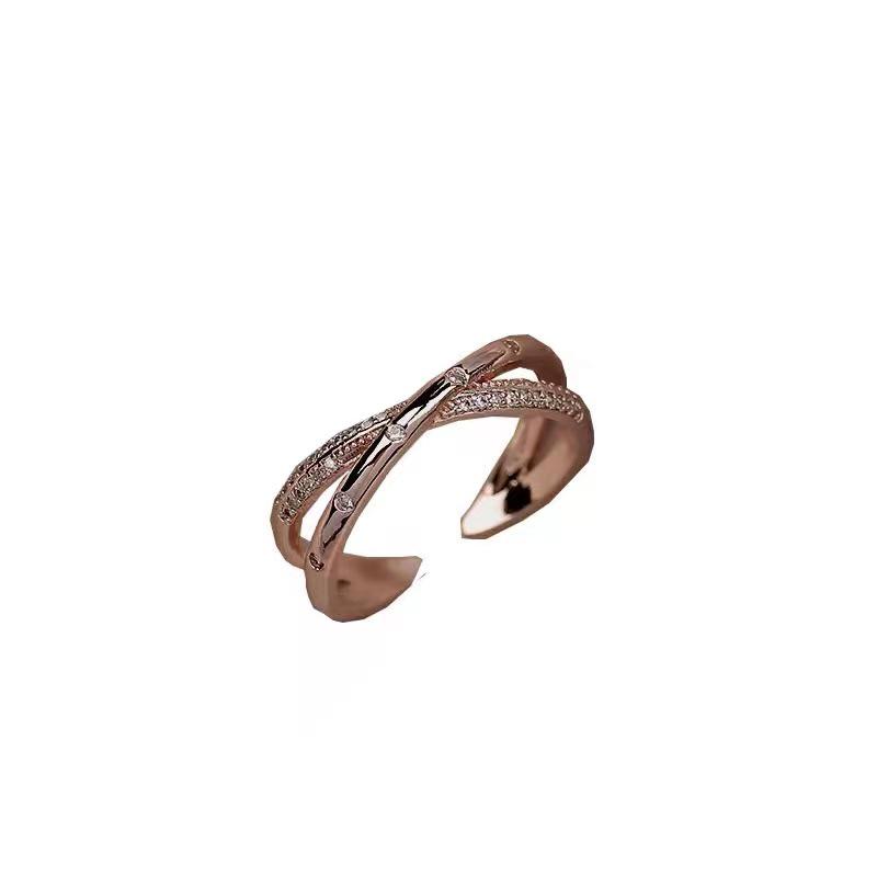 Rose Gold Criss-Cross Cubic Zirconia Adjustable Ring - Women's Trendy Fashion Versatile Jewelry