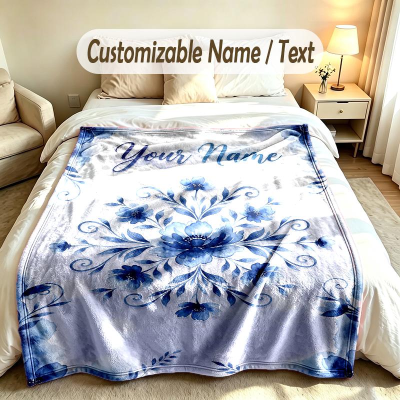 Floral Garden Theme Soft Blanket Personalized Custom Name Text Print Warm Blanket Home Sofa Bedroom Decor