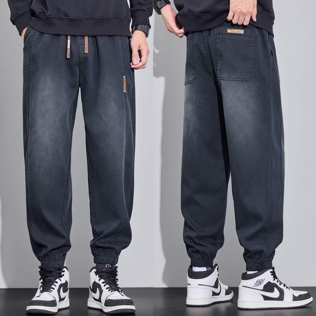 Ferenbros Men's Wide Leg Denim Pants, Loose Fit, Baggy Pants, Easy Fit, Solid Color, Adjustable Drawstring, Casual, Simple, Stylish, All Season