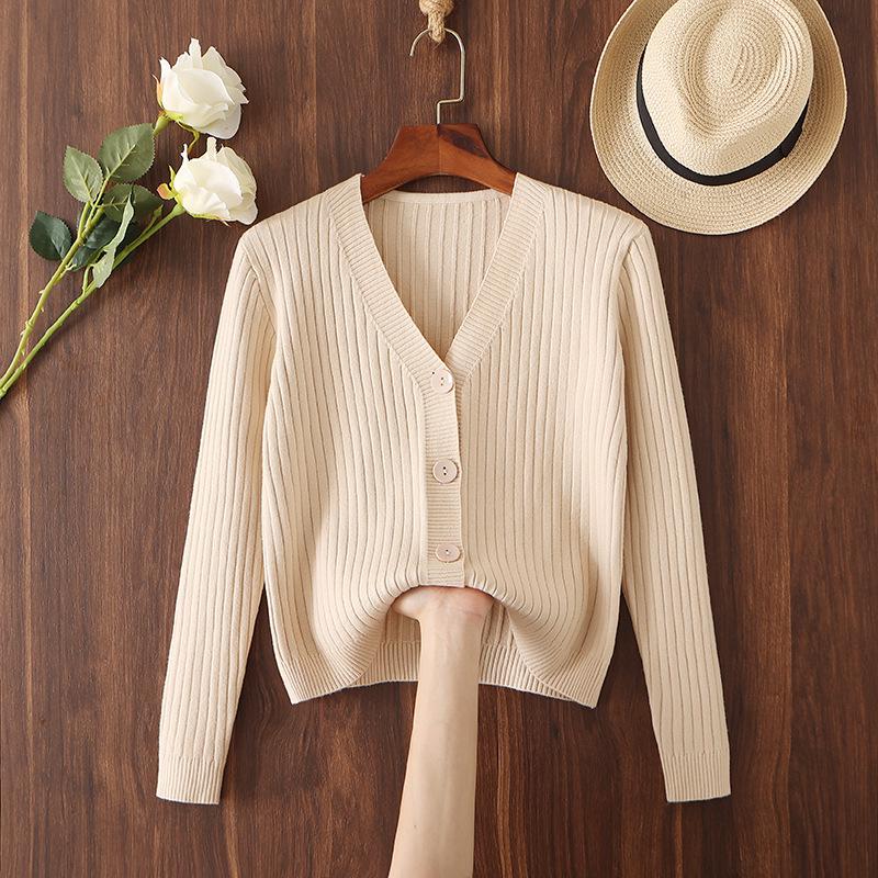 2025 Women's V-neck Loose Knit Cardigan - Short, Long Sleeve Sweater for Spring & Autumn