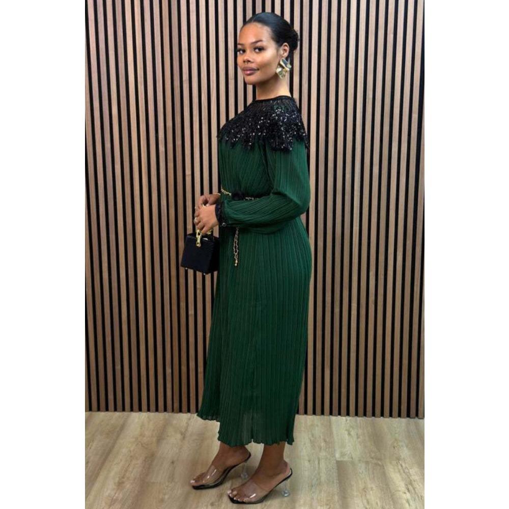 Vintage Court Style Autumn Heavy Industry Sequined Embroidered Long Pleated Bubble Sleeve Dress Women's Pleated Skirt