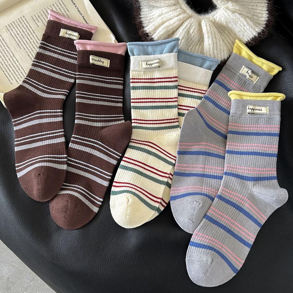 Women's New Fall Curled Striped College Windpipe Stack Socks
