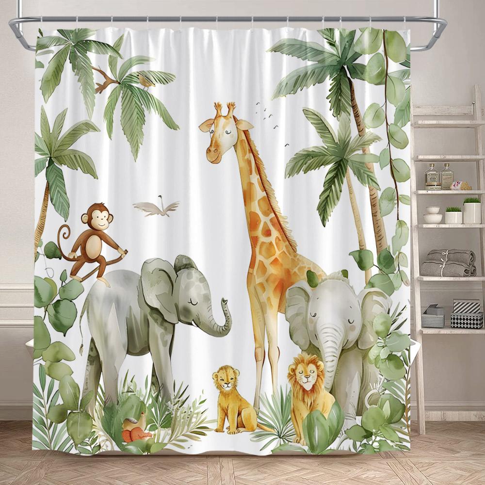 Cartoon Wild Animals Shower Curtains Lion Elephant Giraffe Monkey Forest Wildlife Kids Bath Curtain Fabric Home Bathroom Decor