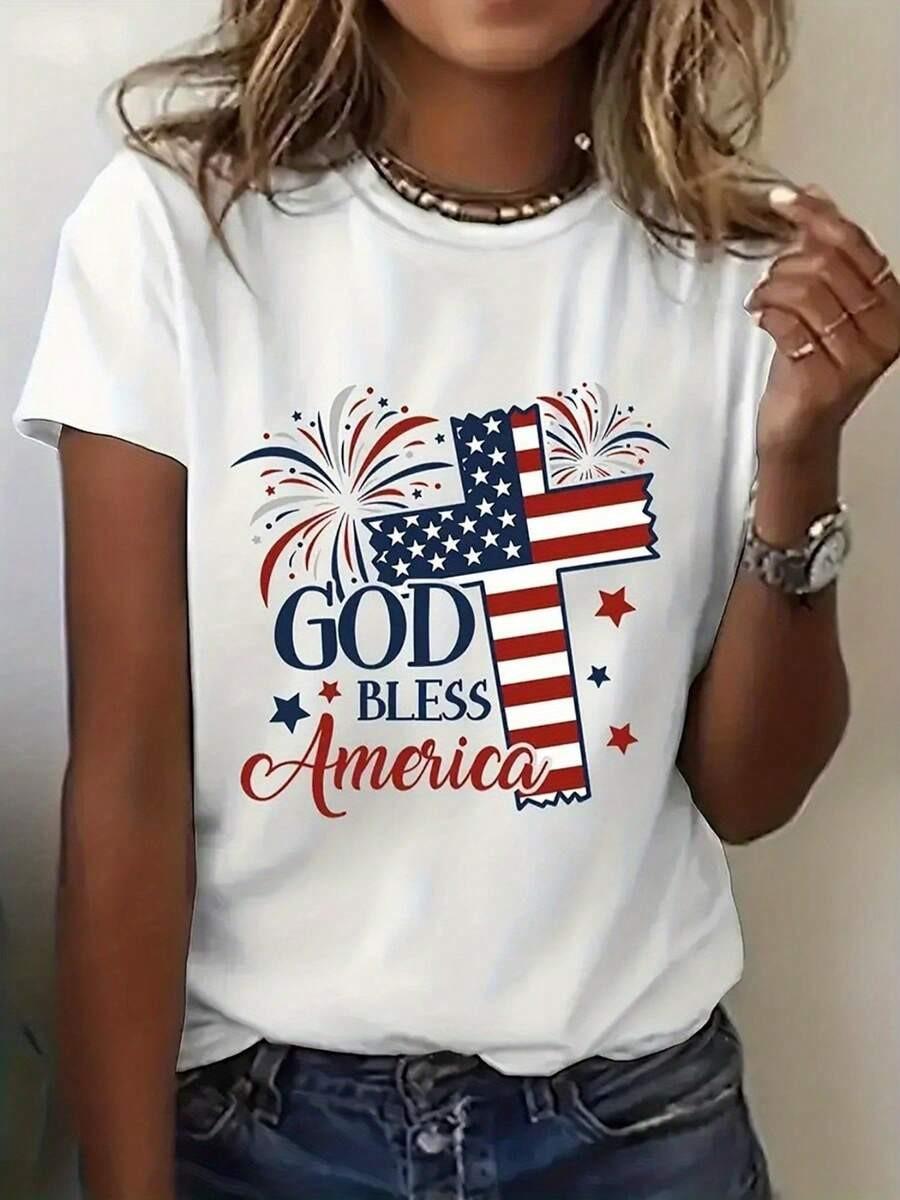 Patriotic American Flag Cross TShirt -  God Bless America  And Fireworks Pattern XXL