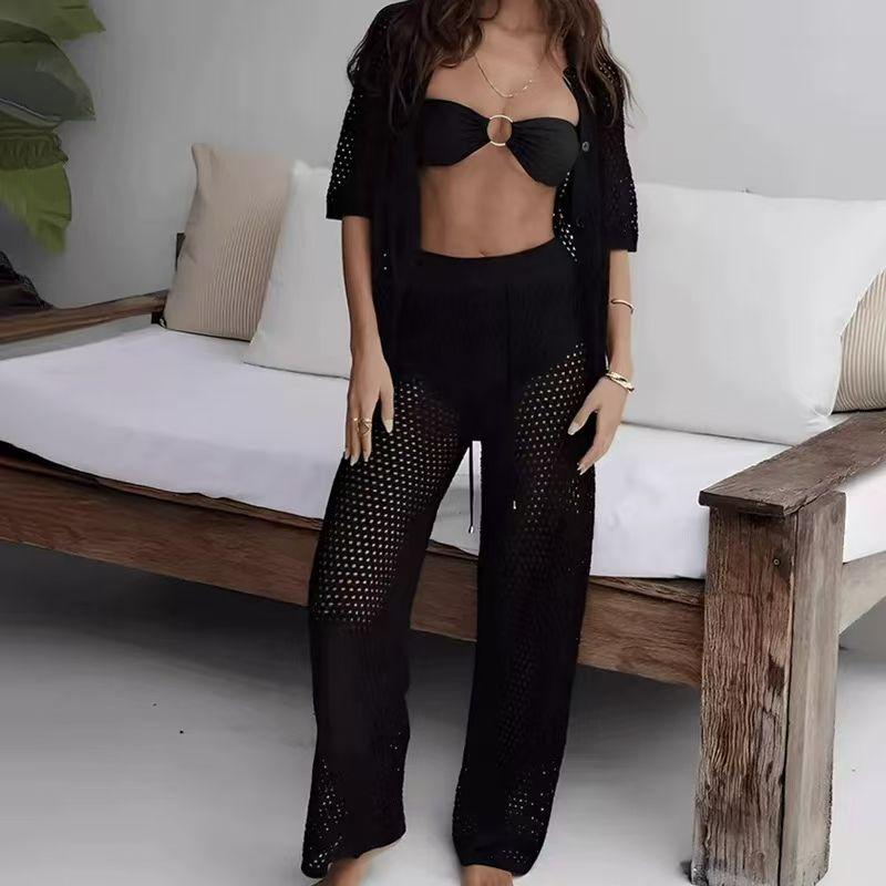 

Western Style Sexy Knitted Hollow out Top Pants Two-Piece Hollow out Top and Pants Set Black XL
