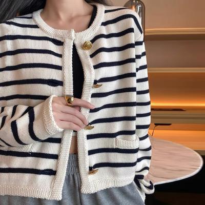 Women Cardigan Sweater Striped Print Contrast Color Single-breasted Long Sleeve Knitted Loose Warm Thick Round Neck Fall Spring Coat
