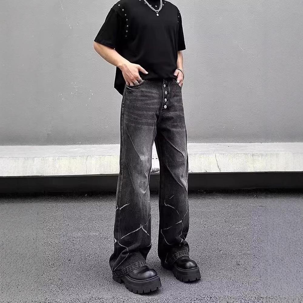 

Джинсы Y2K Панк Ретро Потертые Молния - Мужские Свободного Широкого Кроя M чёрный