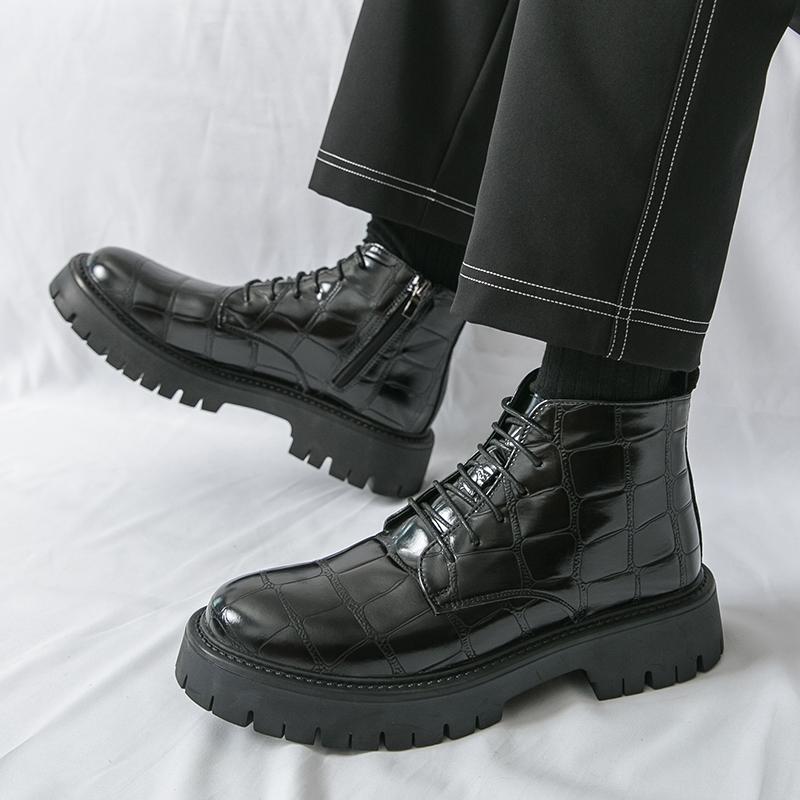 Men Motorcycle Casual Black Outdoor Retro Brown Leather Elevator Shoes High Boots Street Style Punk Boots Large Size