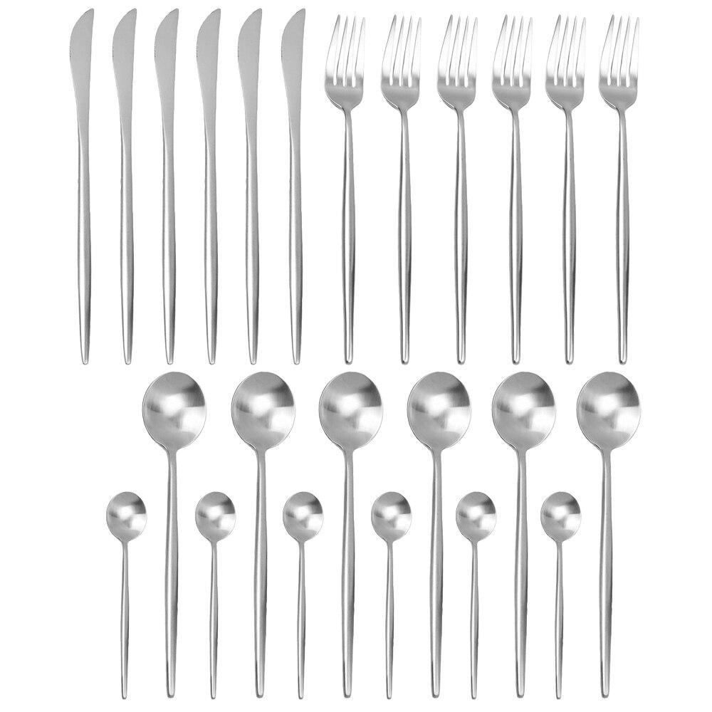 

24 шт./компл., набор посуды из розового золота, матовый набор столовых приборов из нержавеющей стали 18/10, нож, вилка, ложка, набор столовой посуды, набор кухонного серебра серебряный