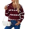 Women's Fashion Zipper Lapel Heart Contrast Color Long Sleeve Pullover Top