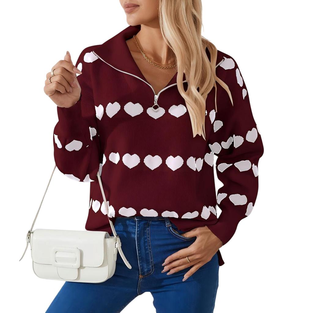 Women's Fashion Zipper Lapel Heart Contrast Color Long Sleeve Pullover Top