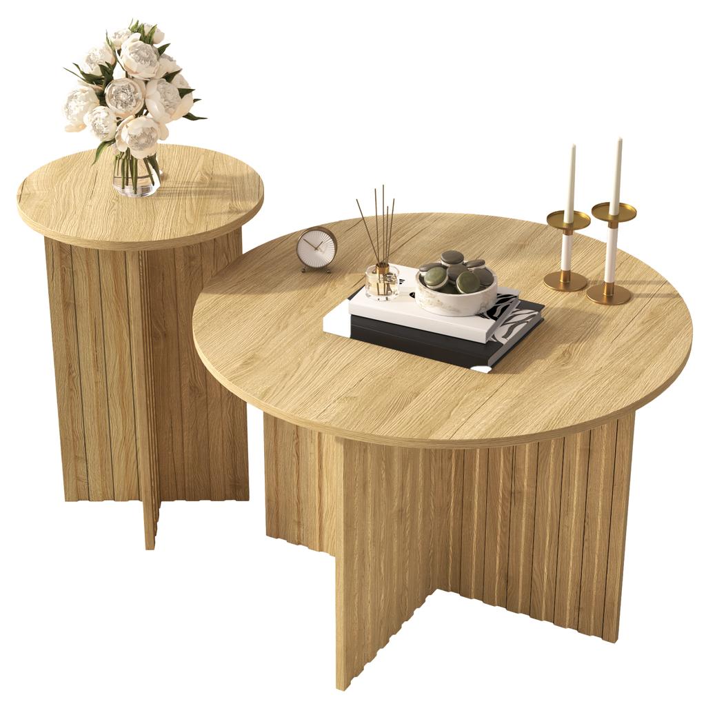 Modern 2-Piece Wood Nesting Table Set – Round Couch Tables & Coffee Tables in Scandinavian Design, Space-Saving, Sturdy MDF/PB Construction